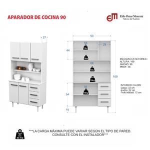 MUEBLE DE COCINA MULTIUSO APARADOR TRIPLO KIT BLANCO MOSCONI COLOR BLANCO FRENTE CARVALHO MEZZO