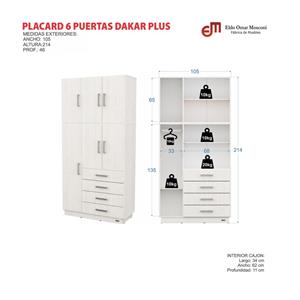 PLACARD MOSCONI ROPERO 6 PUERTAS 4 CAJONES CON BAULERA DAKAR 56711 COLOR BLANCO